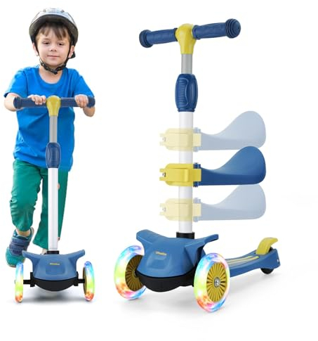Wheelive 2-in-1 Kinder Roller mit Abnehmbarem Sitz, 4 Höhenverstellbarer und faltbaren Design Kleinkinder Scooter Sitzen oder Stehen mit 3 LED-Rädern für Jungen und Mädchen im Alter von 2 bis 8 Jahren