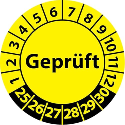 Prüfplakette Geprüft, Vinylfolie, selbstklebend, Prüfaufkleber, Prüfetikett, Plakette (20 mm Ø, Gelb, 100)