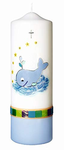 Taufkerzen Jungen Wal Hellblau 25 x 8 cm mit Namensverzierung und Geschenkkarton