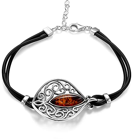 Copal Damen Armband Bernstein Sterling Silber 925 Mit Verstellbarer Länge Und Lederbändern