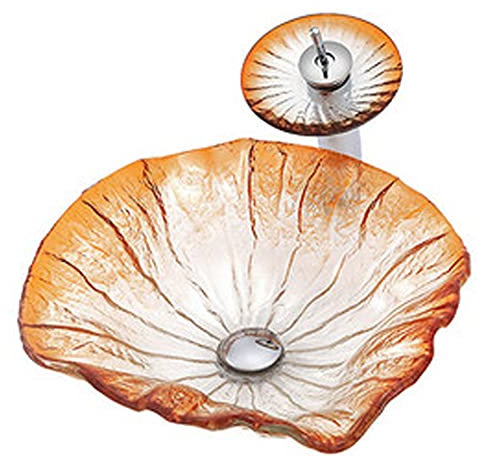 Lavabo Verre Trempé Transparent, Lavabo Lave Main Salle De Bain, Feuille De Lotus Évier De Comptoir, Raccords De Drainage avec Robinet Cascade,B