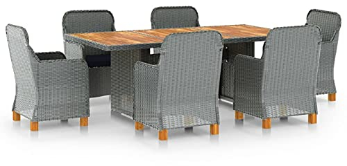 Gecheer 7-TLG. Garten Essgruppe 6 Personen, Sitzgruppe Terrasse, Esstisch & 6 Stühle mit Auflagen, Sitzgarnitur Gartenmöbel-Set Poly Rattan Hellgrau