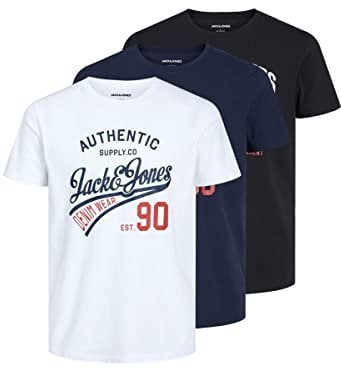 JACK & JONES Mens Ethan 3 Pack T-Shirt Black/White/Navy L