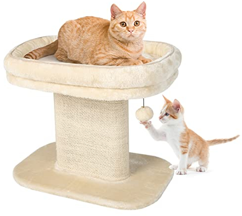 GOPLUS Arbre a Chat 2 Niveaux 60 x 42 x 50 CM en Bois Recouvert Peluche, Arbre à Chat avec Poteaux en Sisal, Nid Grand pour Couchage Confortable Supérieur, Boule Suspendue pour Chaton, Beige