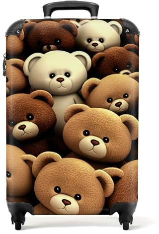 NoBoringSuitcases© Koffer Handgepäck Trolley Rollkoffer Kleine Reisekoffer | 55x35x20 cm - mit 4 Rollen - Teddybär - Teddy - Braun - Bär - Jungen - Mädchen - Fotokoffer - Kabinenkoffer - Boardgepäck