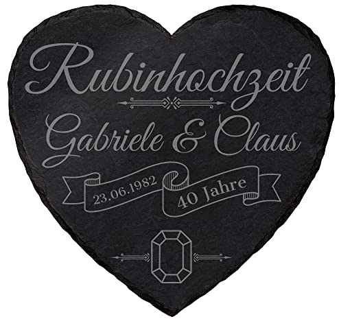 mtb more energy Personalisierbare Schiefertafel Herz ''40 Jahre Rubinhochzeit'' - individuell anpassbar - 25x25 cm - Laser Gravur auf Schieferherz - Hochzeit Geschenk