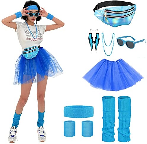 Cckuu 80s Fancy Dress for Women Girls Waterproof Bumbag Waist Packs Headband Wristbands Leg Warmers Earrings Sunglasses 80s Accessories for Neon 80s Fun Run Teams(Blue)