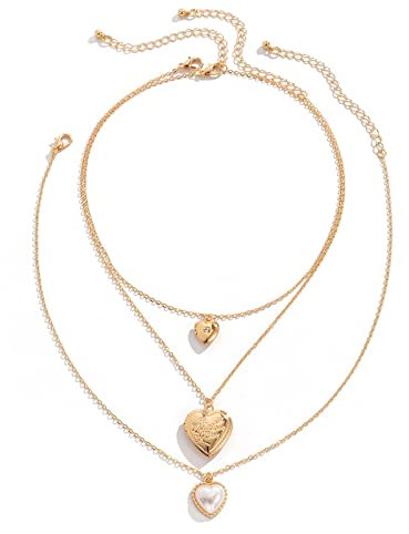 Musihy Halskette 3 Reihig, Vergoldete Kette Necklace Women Herz Fotorahmen Modeschmuck Kette