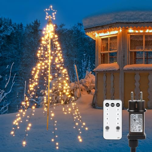 Joomer Christbaumbeleuchtung mit Ring und Sterne, 2,1M x10 Girlanden 450 LED Weihnachtsbaum Lichterkette Außen mit Fernbedienung, 8 modi Dimmbar Warmweiß Weihnachtsbeleuchtung für Rasen Garten