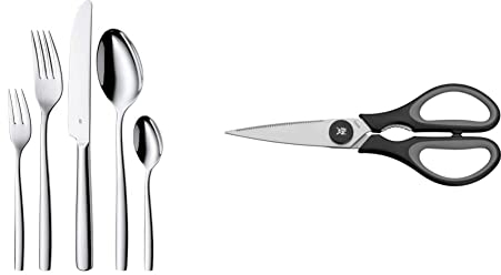 WMF Palma Besteck Set 12 Personen, Essbesteck 60 teilig, Monobloc-Messer & Touch Küchenschere 21 cm, Haushaltsschere mit Sägeschliff, Schere Küche, Cromargan Edelstahl, Softgriff, schwarz