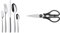 WMF Palma Besteck Set 12 Personen, Essbesteck 60 teilig, Monobloc-Messer & Touch Küchenschere 21 cm, Haushaltsschere mit Sägeschliff, Schere Küche, Cromargan Edelstahl, Softgriff, schwarz