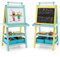 COSTWAY 3 in 1 Kinder Staffelei, Kindertafel doppelseitig, Whiteboard & Kreidetafel & Zeichenpapier, Standtafel inkl. Magneten, 2 Regalebenen Holztafel mit 2 Aufbewahrungsboxen (Blau+Gelb)