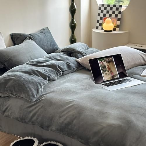 WUMIUER Plüsch Bettwäsche 240x220 cm Grau 3tlg Set, Winter Biber Warm Flauschig Bettbezug und 2 Kissenbezüge 80x80cm, Kuschelig Weich Cashmere Touch Flanell Fleece Bettdeckenbezug Bettdecke Cover