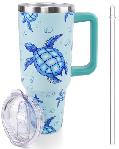 Lumumanber 40 oz Sea Turtle Tumbler with Handle and Straw, Travel Mug Water Bottle, Stainless Steel Insulated Cup with Lid and Straw, Birthday Christmas Gifts