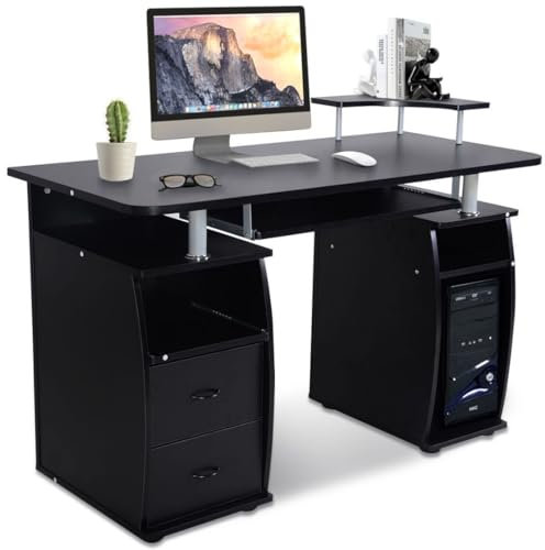 SFAREST Wooden Computer Desk, 120cm PC Laptop Writing Table with 2 Built-in Drawers & Printer Shelf, Modern Working Study Workstation for Home Office (Black)