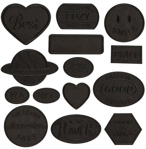 Woohome Patch Embroidered, 14 PCS Iron on Applique Badge, Fabric Iron on or Sew on Patches, Black Appliques Sticker Patches for Clothes Hat Jeans