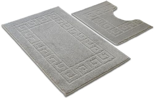Ambience Products Greek Key Pattern Bath Mats 2 Piece Sets Non Slip Bathroom Mat, Soft Washable Rug Quick Dry Water Absorbent Bathroom Shower Mat & Pedestal Set (Silver)