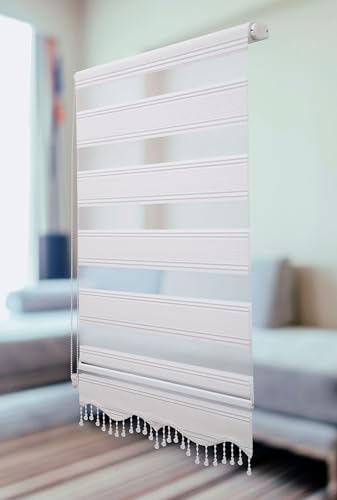 PlisseeOnline Doppelrollo Klemmfix ohne Bohren Weiß Silber Glitzer mit Perlen Duo Rollo für Fenster und Türen Plissee Rollo Gardine 80 x 150 cm Blickdicht Klemmrollo mit Perlen Seitenzugrollo