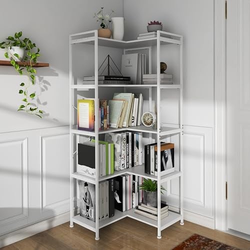 VEDECASA 5 Tiers Corner Bookcases L Shaped Corner Bookshelves White Bookshelf Storage Display Rack with Metal Frame for Living Room Home Bedroom Home Office Study Room White