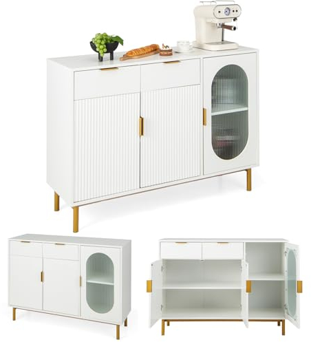 KOMFOTTEU Küchenschrank Sideboard Weiß, Buffetschrank mit Glastür & Metallbeinen, Standschrank aus Holz mit 2 Schubladen & Türschränken, Beistellschrank für Esszimmer Wohnzimmer, 120x40x88 cm