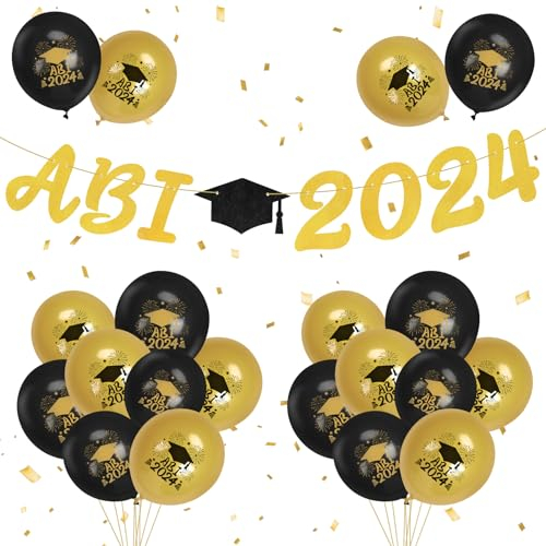 LOHAME ABI 2024 Deko Set Abitur 2024 Banner Schwarz Gold Graduation Deko Girlande mit 20 Luftballons 2024 Abschluss Girlande Schwarzgold Abschlussdekoration für Abi Abschlussfeiern Abitur Prüfung