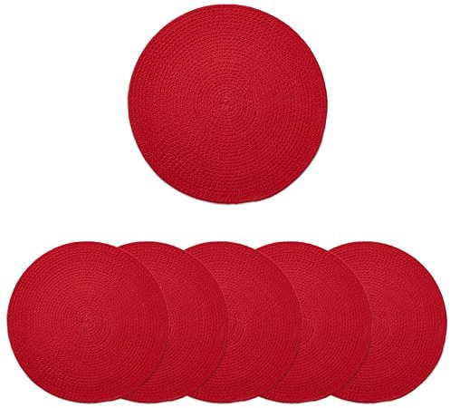 Encasa XO Tovagliette da Tavola Set di 6 | Tovagliette Rotonde in Cotone - Diametro 33 cm | Rosso | Stile a Coste Fatto a Mano