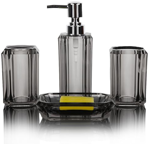 4-teiliges Premium-Acryl-Badezimmer-Zubehör-Set, Handdesinfektionsmittel-Flasche, Lotionsdose, Badezimmeranzug, separate Flasche, Seifenschale, Mundspülbecher, Zahnputzbecher (gebürstetes Grau)