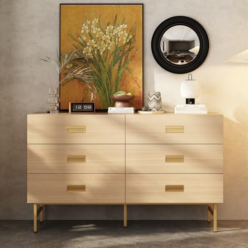 PREMTURE Kommode 140 cm mit 6 Schubladen, Moderne Sideboard mit Gold Metallgriffe, Sideboard für Wohnzimmer, Schlafzimmer, Anrichte mit Metallbeine, Holzfarbe, MDF, 140 x 40 x 85 cm