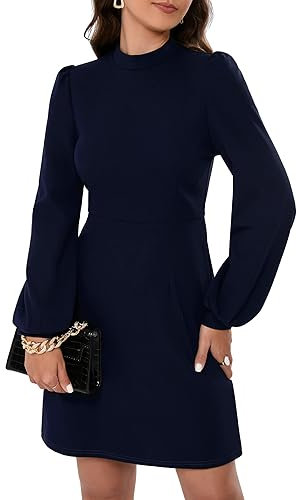 KOJOOIN Kleid Damen Bleistiftkleid Elegent Businesskleid Langarm Einfabrig Knielang A-Linie Hohe Taille Wickelkleid Navyblau L