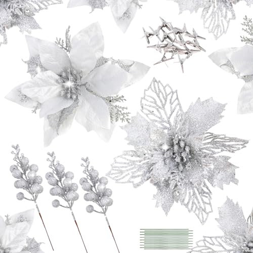 Cekene 54PC Christmas Poinsettia Artificial Flowers Silver Glitter Fake Poinsettia Flowers Set With Clips and Stems Artificial Berry Stem Branches Christmas Tree Decorations for Wreath Garland Party