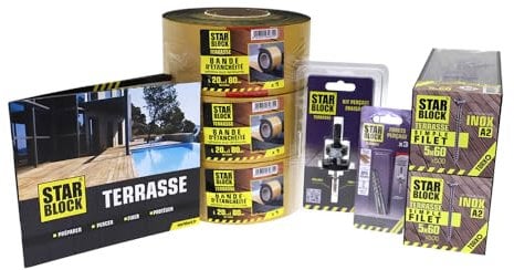 Starblock Kit de construction terrasse 25m² : 1 000 vis inox A2 5x60, gabarit de perçage, 1 kit perçage-fraisage et 3 bandes d'étanchéité