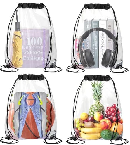 RAFIYU 4 Stück Durchsichtiger Rucksack, Clear Bags Festival, Transparente Wasserdichte Tasche, Kordelzugbeutel Turnbeutel für Schulrucksack Gym Travel Strandschwimmen