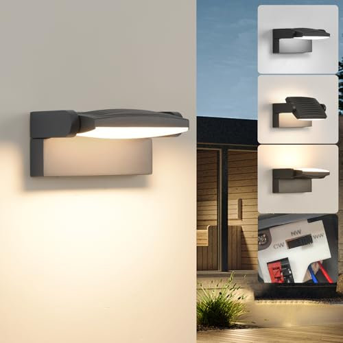 SANSHI Außenlampe 12W LED,3000K 4000K 6500K Wandleuchte Innen Außen,wasserdichte IP65 aussenlampe Wand,Wandlampe mit 350° Schwenkbar Panel Aussenleuchte,Außenwandleuchte für Terrasse Balkon,Dunkelgrau