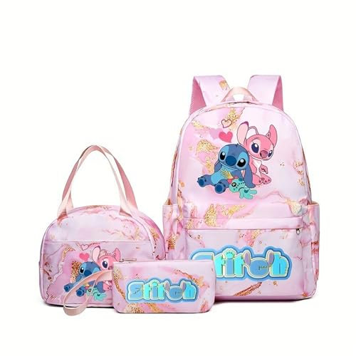 Stitch Ensemble cartable pour filles – Sac à dos 3 pièces avec trousse à crayons, sac à déjeuner, parfait pour enfants, adolescentes, fournitures scolaires (D, rose), rose, M, D