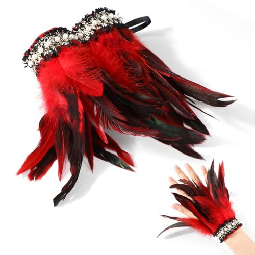 MWOOT 1 Paar Manschetten Federn, Rot Feather Bracelet, Damen Kostüme Manschetten, Frauen Kostümzubehör Federarmband für Faschingsball, Karneval Armbänder Maskeraden Zubehör zum Cosplay Spiel Party