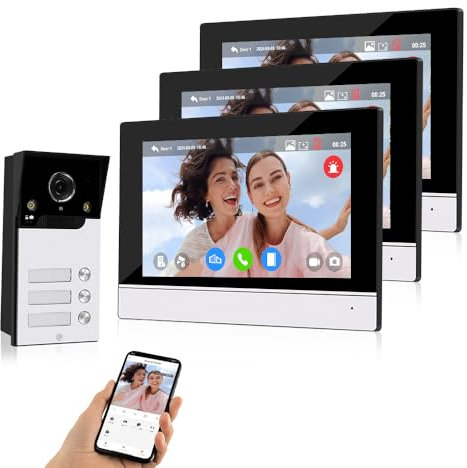 QTTYELOK 1080P HD WiFi Video Doorbell Sistema di Citofono Videocamera del Telefono Della Porta con Monitor Colori 7 Pollici per 3 Appartamenti, 120° Visione Notturna IR, Audio Bidirezionale