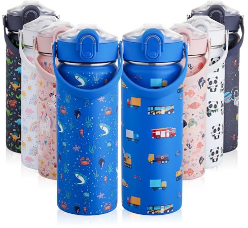 Autsel 550ml Gourde Enfant Isotherme avec Paille Bouteille Isotherme Étanche Gourde Bouteille d'eau en Acier Inoxydable sans BPA pour École Sport Maternelle Voitures