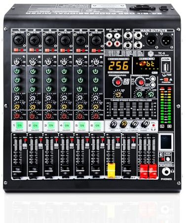 W IN-MIX 6-K-Audio-Mischpult mit Bluetooth, USB MP3-Player, 48 V Phantomspeisung für Studioaufnahme, Live-Performance, Karaoke, Podcast
