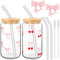 Hebterrka Clean Girl Aesthetic Glass with Lid and Straw, Set of 2 Drinking Glasses with Cute Pink Bow, Including Straw and Cleaning Brush