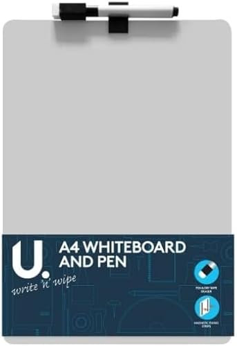 A4 Whiteboard & Pen - with Magnetic Fixing Strips | Small Mini Dry Wipe Board for Work Notes | Portable Magnetic Whiteboard Wall Board for Kids