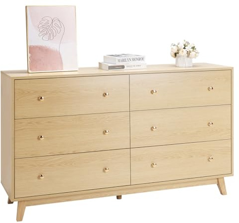 VEVOR 6 Drawer Dresser, Wooden Chest of Drawers with Sliding with Anti-tip Device, Modern Minimalist Dresser Chest, Closet Storage Organizer for Living Room, Hallway, Bedroom, Entryway, Light Wood