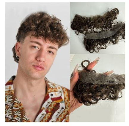 Herrenhaar Herren-Toupet mit Haaransatz, lockiges Echthaar, V-Form, dünne Haut, Stirnhaaransatz, Herren-Haarteil Alltagsperücken(5#)