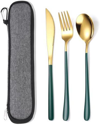 AARAINBOW Stainless Steel Silverware Set for 1, Reusable Knife Fork Spoon Set with Case, 3 Pcs Flatware Set for Travel Home, Lunchbox Silverware Set (Green Gold)