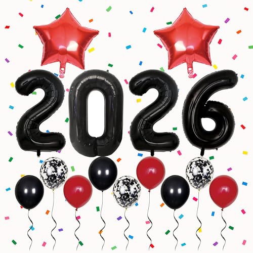 Silvester Deko Set 2026 XXL Folienballon Zahlen Schwarz Rot Stern Luftballons Happy New Year Party Zubehör Silvesterabend Ballon Girlande Neujahr Feier Dekoration Jahreswechsel Luftballonset
