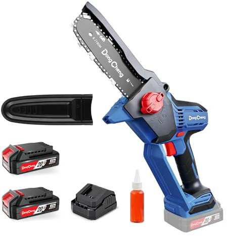 DongCheng Mini Motosega a Batteria 20V, brushless 750W, 2×2000mAh, 8m/s | Fino a 270 tagli su legno 50×50mm, 1,2kg sega leggera a una mano, tensione catena senza attrezzi, oliatura auto, lama 15cm