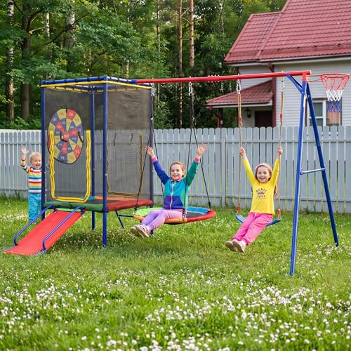 Multifunktionales Outdoor-Schaukel-Set, Spielgerät Outdoor mit Trampolin, Schaukel, Rutsche & Basketballkorb – für Garten, mit Sicherheitsnetz, Nestschaukel & stabil (Bunt-1)