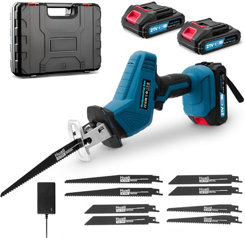 Viugreum Sierra Sable Inalámbrica 21V, Sierra Recíproca Velocidad Variable 0-4000 RPM, Sierras Alternativa de 2 Baterías 2.0Ah, Motor sin Escobillas, Luz LED, 8 Hojas para Madera, PVC y Plástico, Azul