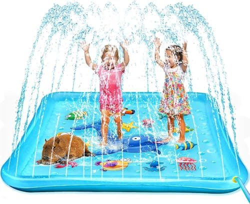 KAHEIGN 170CM Cuadrado Splash Pad para Verano, Ballena Cangrejo Estrella de Mar Pez Alfombra Con Aspersor Verano Jardín Exterior Juguetes Acuáticos Chorro de Agua Para Niños Mascota Familia Actividade