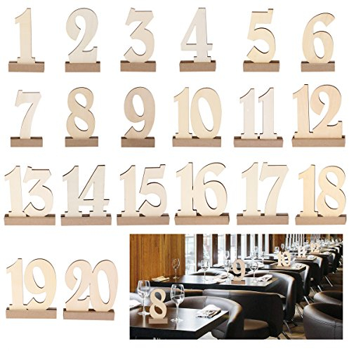 ROSENICE Table Number with Holder Base 20Pcs Number 1 to 20 Wooden Table Numbers Wedding Banquet Party Catering Decoration Reception Table Numbers