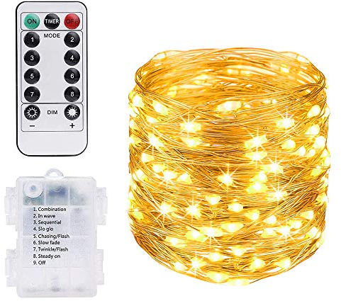 Vicloon LED Lichterkette, 10M 100 LED Kupferdraht Lichterkette 8 Modi Außenbeleuchtung Wasserdichte IP68 mit Fernbedienung, Lichterkette Batterie für Innen/Außen Garten Party Weihnachten Hochzeit Deko